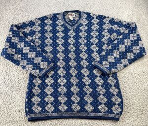 Pure & Simple Lambswool Sweater Mens Large Blue Diamond Argyle Gray Wool